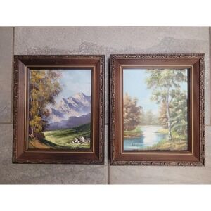 Set of 2 Signed Vintage Framed Oil Paintings 10x12 Mountain Landscape Wall Decor